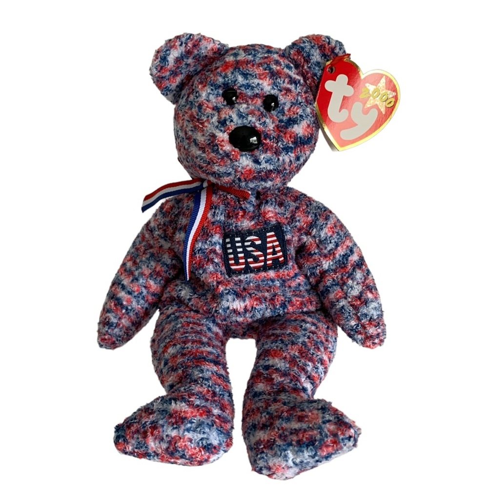 Vintage NWT Ty Beanie Babies USA Teddy Bear 2000 Retired Patriotic Red Blue